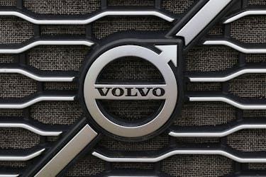 The Volvo logo is seen in truck for sale in Linden, New Jersey, U.S., May 23, 2022.