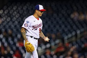 Apr 3, 2023; Washington, District of Columbia, USA; Washington Nationals relief pitcher Anthony Banda (50) reacts during the ninth inning of the game against the Tampa Bay Rays at Nationals Park. Mandatory Credit: Scott Taetsch-USA TODAY Sports/File Photo