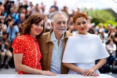 Director Francis Ford Coppola and cast membes Nathalie Emmanuel, Aubrey Plaza pose during a photocall for the film "Megalopolis" in competition at the 77th Cannes Film Festival in Cannes, France, May 17, 2024.