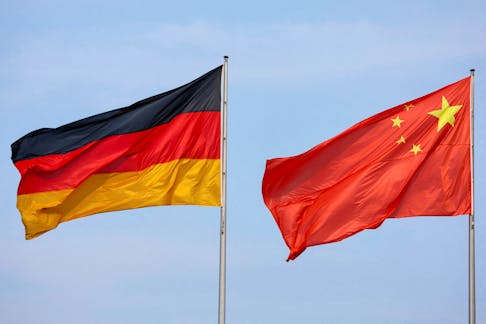 The flags of Germany and China are seen ahead of a meeting between German Chancellor Olaf Scholz and Chinese Premier Li Qiang in Berlin, Germany, June 19, 2023.