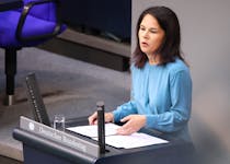 German Foreign Minister Annalena Baerbock speaks during a session of the lower house of parliament Bundestag, debating "75 years of Basic Law in Germany", in Berlin Germany, May 16, 2024.