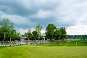 May 16, 2024; Louisville, Kentucky, USA; A general view as clouds roll in over the eighth green during the first round of the PGA Championship golf tournament at Valhalla Golf Club. Mandatory Credit: Jon Durr-USA TODAY Sports