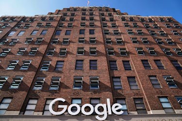 A Google sign is pictured on a Google building in the Manhattan borough of New York City, New York, U.S., October 20, 2020.