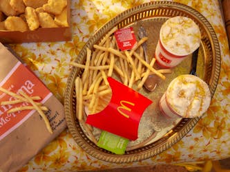 McDonalds McNuggets, fries, and two Grandma McFlurries on tray.