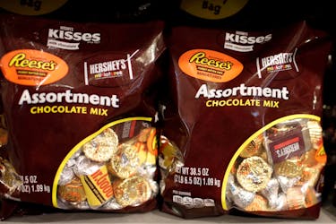 Assorted Hershey's chocolate candies are seen displayed for sale in a shop in New York City, U.S., July 20, 2017. 