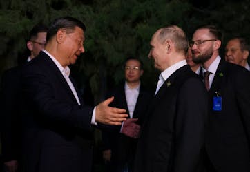 Russian President Vladimir Putin and Chinese President Xi Jinping bid farewell at the end of talks in Beijing, China May 16, 2024. Sputnik/Mikhail Metzel/Pool via REUTERS