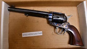 An undated photo of the reproduction 1873 long Colt .45 Single Action Army revolver actor Alec Baldwin was using on the New Mexico set of western movie "Rust" in 2021, when it fired a live round that killed cinematographer Halyna Hutchins and wounded director Joel Souza, in this handout picture obtained by Reuters on April 17, 2024, from the police investigation into the shooting. Santa Fe County Sheriff?s Office/Handout via REUTERS.
