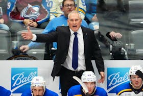 Nov 1, 2023; Denver, Colorado, USA; St. Louis Blues head coach Craig Berube calls out the third period against the St. Louis Blues at Ball Arena. Mandatory Credit: Ron Chenoy-USA TODAY Sports/File Photo