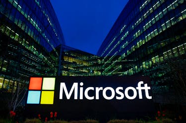 A view shows a Microsoft logo at Microsoft offices in Issy-les-Moulineaux near Paris, France, March 25, 2024.