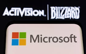Microsoft logo is seen on a smartphone placed on displayed Activision Blizzard logo in this illustration taken January 18, 2022.