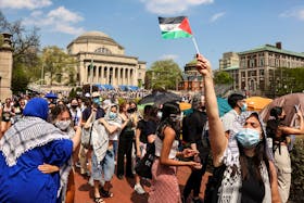 Students march and rally on Columbia University campus in support of a protest encampment supporting Palestinians, despite a 2pm deadline issued by university officials to disband or face suspension, during the ongoing conflict between Israel and the Palestinian Islamist group Hamas, in New York City, U.S., April 29, 2024.