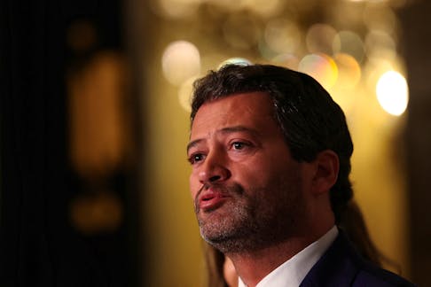Far right political party Chega leader Andre Ventura talks to the press after meeting with Portugal President Marcelo Rebelo de Sousa in Belem Palace, following the general elections in Lisbon, Portugal, March 18, 2024.