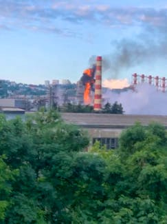 Smoke and fire rise from a refinery after a drone attack in Tuapse, Krasnodar Region, Russia, in this screengrab obtained from a handout video released on May 17, 2024. Video obtained by Reuters/Handout via REUTERS