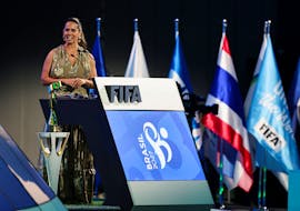 Brazilian representative Duda Pavao speaks during the presentation of the bid by Brazil to host the Women's World Cup at the 74th FIFA Congress at the Queen Sirikit National Convention Center, in Bangkok, Thailand, May 17, 2024.