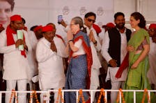 Sonia Gandhi, a senior leader of India's main opposition Congress party, is being greeted upon her arrival at an election campaign rally in Raebareli in the state of Uttar Pradesh, India, May 17, 2024.