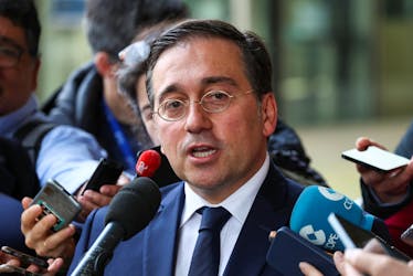 Spanish Foreign Minister Jose Manuel Albares speaks to the media, on the day of a meeting to discuss the post-Brexit future of Gibraltar, at the European Commission in Brussels, Belgium, April 12, 2024.