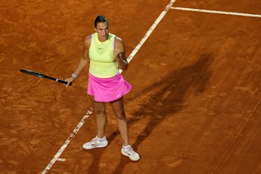Tennis - Italian Open - Foro Italico, Rome, Italy - May 16, 2024 Belarus' Aryna Sabalenka reacts during her semi final match against Danielle Collins of the U.S.