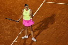 Tennis - Italian Open - Foro Italico, Rome, Italy - May 16, 2024 Belarus' Aryna Sabalenka reacts during her semi final match against Danielle Collins of the U.S.