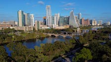 The skyline is shown at sunset in Austin, Texas, U.S., October 25, 2021.  Picture taken with a drone. 