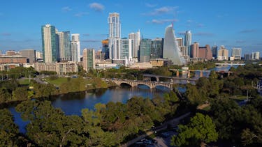 The skyline is shown at sunset in Austin, Texas, U.S., October 25, 2021.  Picture taken with a drone. 