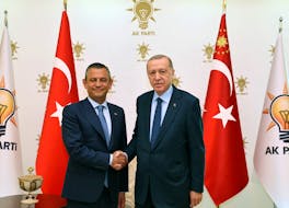 Turkey's President Tayyip Erdogan meets with Turkey's main opposition Republican People's Party (CHP) leader Ozgur Ozel at his ruling AK Party (AKP) headquarters in Ankara, Turkey, May 2, 2024. Murat Cetinmuhurdar/PPO/Handout via