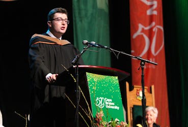 Jacob MacDonald, a bachelor of business administration graduate from Sydney, was one of the valedictorians to speak at the fifth and final Cape Breton University graduation ceremony on Friday at Centre 200. LUKE DYMENT/CAPE BRETON POST