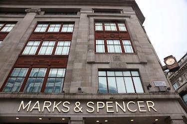 The Marks & Spencer logo is seen at a store near Marble Arch on Oxford Street, in London, Britain, February 29, 2024.