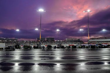 May 20, 2023; North Wilkesboro, North Carolina, USA;  Light rain and sunset mix overhead during the first heat race at North Wilkesboro Speedway. Mandatory Credit: Jim Dedmon-USA TODAY Sports/File Photo