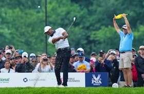 May 17, 2024; Louisville, Kentucky, USA; Tiger Woods drives off the 8th tee during the second round of the PGA Championship golf tournament at Valhalla Golf Club. Mandatory Credit: Matt Stone-USA TODAY Sports/File Photo