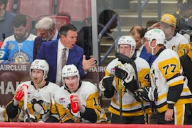 Dec 8, 2023; Sunrise, Florida, USA; Pittsburgh Penguins head coach Mike Sullivan reacts from the bench against the Florida Panthers during the third period at Amerant Bank Arena. Mandatory Credit: Sam Navarro-USA TODAY Sports/File Photo