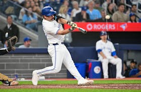 May 17, 2024; Toronto, Ontario, CAN;  Toronto Blue Jays left fielder Davis Schneider (36) hits a two run home run against the Tampa Bay Rays in the eighth inning at Rogers Centre. Mandatory Credit: Dan Hamilton-USA TODAY Sports
