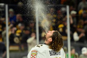 May 17, 2024; Boston, Massachusetts, USA; Florida Panthers goaltender Sergei Bobrovsky (72) spits out water prior to the start of game six of the second round of the 2024 Stanley Cup Playoffs against then Boston Bruins at TD Garden. Mandatory Credit: Bob DeChiara-USA TODAY Sports