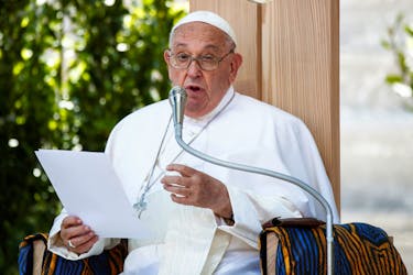 Pope Francis speaks during the "Arena of Peace: Justice and Peace Embrace" meeting at Verona Arena during his visit to Verona, Italy, May 18, 2024.