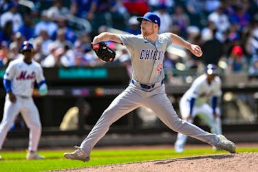 May 2, 2024; New York City, New York, USA; Chicago Cubs pitcher Richard Lovelady (49) pitches during a game against the New York Mets at Citi Field. Mandatory Credit: John Jones-USA TODAY Sports/File Photo