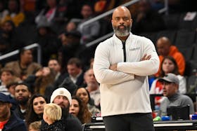 Jan 15, 2024; Washington, District of Columbia, USA;  Washington Wizards head coach Wes Unseld Jr.  looks onto the court during the first half against the Detroit Pistons at Capital One Arena. Mandatory Credit: Tommy Gilligan-USA TODAY Sports/File Photo
