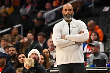 Jan 15, 2024; Washington, District of Columbia, USA;  Washington Wizards head coach Wes Unseld Jr.  looks onto the court during the first half against the Detroit Pistons at Capital One Arena. Mandatory Credit: Tommy Gilligan-USA TODAY Sports/File Photo