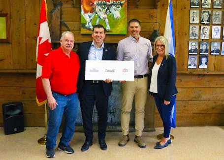 A total of $1.1 million in funding was announced at the Hants County Exhibition grounds in Windsor on May 17. Pictured are, from left, West Hants Regional Municipality’s Deputy Mayor Paul Morton, Kings-Hants MP Kody Blois, Windsor Agricultural Society president Joel Rafuse and Hants West MLA Melissa Sheehy-Richard.