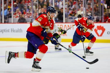 May 8, 2024; Sunrise, Florida, USA; Florida Panthers center Aleksander Barkov (16) moves the puck against the Boston Bruins during the third period in game two of the second round of the 2024 Stanley Cup Playoffs at Amerant Bank Arena. Mandatory Credit: Sam Navarro-USA TODAY Sports/File Photo