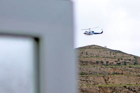 A helicopter carrying Iran's President Ebrahim Raisi takes off, near the Iran-Azerbaijan border, May 19, 2024. The helicopter with Raisi on board later crashed. Ali Hamed Haghdoust/IRNA/WANA (West Asia News Agency) via REUTERS