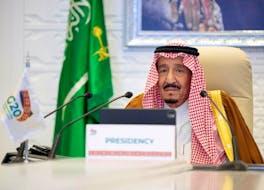 Saudi King Salman bin Abdulaziz gives a virtual speech during an opening session of the 15th annual G20 Leaders' Summit in Riyadh, Saudi Arabia, November 21, 2020. Courtesy of Bandar Algaloud/Saudi Royal Court/Handout via