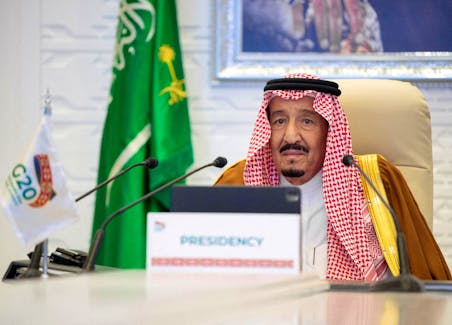 Saudi King Salman bin Abdulaziz gives a virtual speech during an opening session of the 15th annual G20 Leaders' Summit in Riyadh, Saudi Arabia, November 21, 2020. Courtesy of Bandar Algaloud/Saudi Royal Court/Handout via