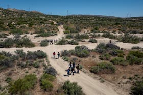 A drone view shows asylum-seeking migrants from Colombia, Peru and Panama as they walk to surrender to immigration officials after crossing the border into the U.S. from Mexico in Jacumba Hot Springs, California, U.S., May 16, 2024.