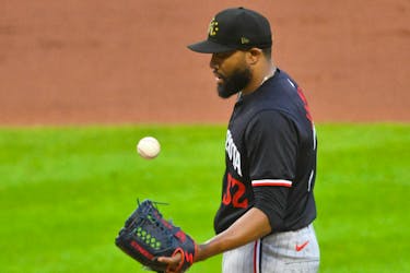 May 18, 2024; Cleveland, Ohio, USA; Minnesota Twins relief pitcher Jay Jackson (32) tosses the ball in the air in the seventh inning against the Cleveland Guardians at Progressive Field. Mandatory Credit: David Richard-USA TODAY Sports/File Photo