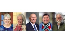 Five people are awarded with honorary degrees by UPEI. From left, Mary Jeanette Gallant, Aggi-Rose Reddin, John Bragg, Reginald “Dutch” Thompson, and Gary Schneider. - Contributed