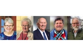 Five people are awarded with honorary degrees by UPEI. From left, Mary Jeanette Gallant, Aggi-Rose Reddin, John Bragg, Reginald “Dutch” Thompson, and Gary Schneider. - Contributed