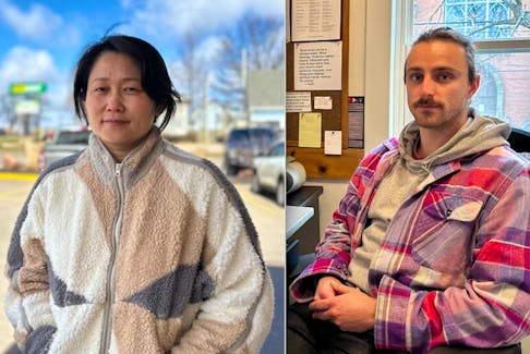 Lude Meng, left, a temporary foreign worker in P.E.I., has shared her story about obtaining an open work permit after she was laid off from her job at a fish plant, while Ryan MacRae at the Cooper Institute in Charlottetown helped her with the paperwork involved.