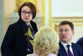 Head of the Russian Central Bank Elvira Nabiullina and Russian Deputy Prime Minister Alexander Novak are seen before Russia - China talks in an expanded format at the Kremlin in Moscow, Russia March 21, 2023. Sputnik/Sergei Karpukhin/Pool via