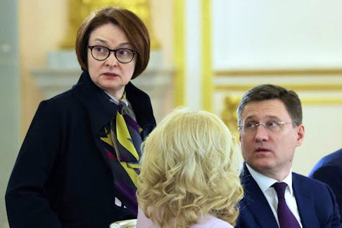 Head of the Russian Central Bank Elvira Nabiullina and Russian Deputy Prime Minister Alexander Novak are seen before Russia - China talks in an expanded format at the Kremlin in Moscow, Russia March 21, 2023. Sputnik/Sergei Karpukhin/Pool via