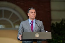 Spain's Prime Minister Pedro Sanchez delivers a statement as he announces pardons for jailed Catalan separatist leaders, at Moncloa Palace in Madrid, Spain, June 22, 2021.