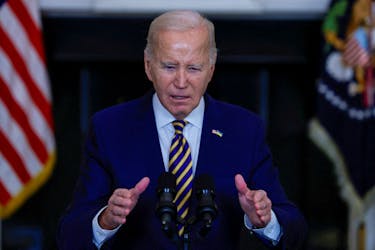 U.S. President Joe Biden delivers remarks urging Congress to pass the Emergency National Security Supplemental Appropriations Act in the State Dining Room at the White House in Washington, U.S., February 6, 2024.